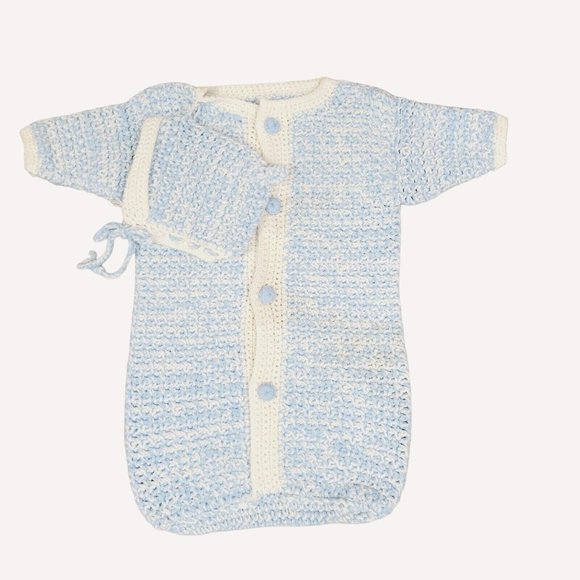 Vtg Infant Hand Knitted Thick Blue White One Piece Button Down Winter Suit Hat
